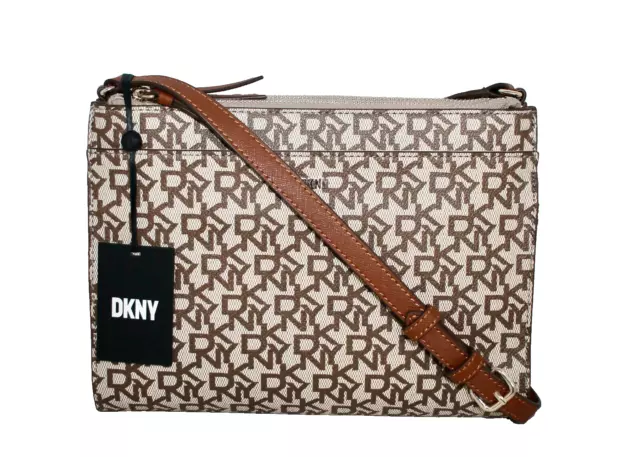 DKNY DONNA KARAN Bryant Park Top Zip Crossbody Tan Brown Signature Faux Leather