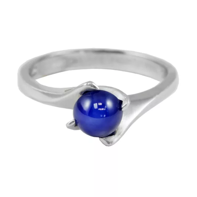 14k White Gold Round Cabochon Blue Star Sapphire Bypass Solitaire Ring Sz 6.5