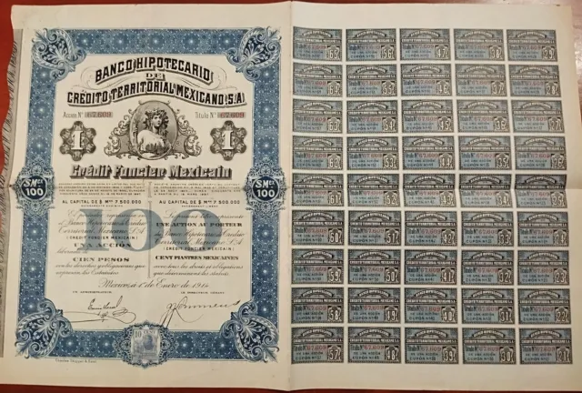 Mexico 1914 Banco Hipotecario Queen Elizabeth $ 100 Pesos All Coupons Bond Loan