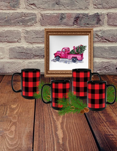 4 Red and Black Buffalo Check Plaid Mugs 15oz Ceramic Dishwasher Microwave Safe