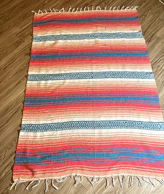 Mexican Blanket Pink White Blue Falsa Saltillo Serape Yoga 66” X 45”