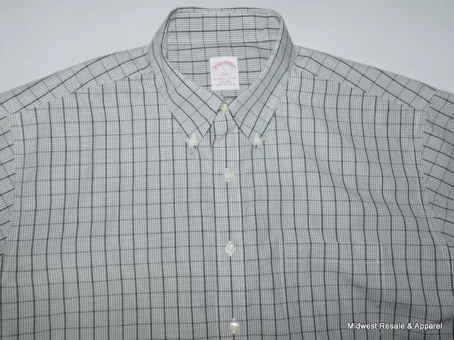 Brooks Brothers 346 Gray Plaid Short Sleeve Button Down Cotton Shirt Mens Size L