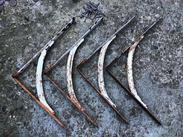 a set of 4 old industrial steel shelf brackets 10” x 12”