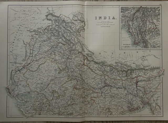 1897 North India Original Antique Map by A & C Black