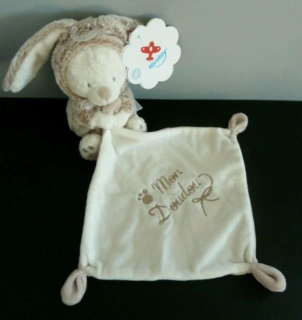 M1. MON DOUDOU NICOTOY OURS oreille LAPIN BEIGE MARRON BLANC MOUCHOIR 100% NEUF
