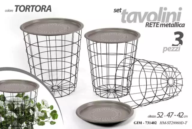 3 TAVOLINI FIORIERE CASA GIARDINO TAVOLI TORTORA METALLO RETE PIANTE 52-47-42cm