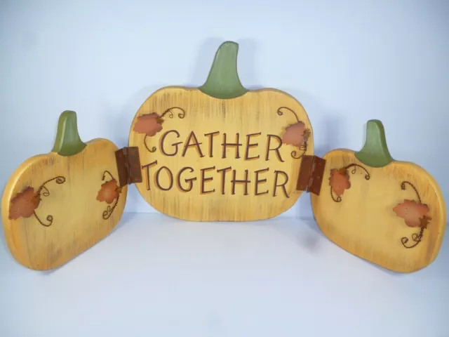 Beautiful Hand Crafted Pumpkin Hinged 3 Tier Sign Gather Together Wood 26"X11"