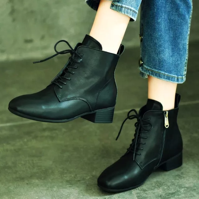 Women Black Genuine Leather Ankle Boots Chelsea Flat Oxfords Lace Up Riding Shoe