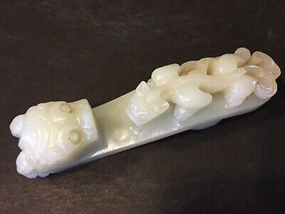 OLD Large Chinese White Jade Belt Hook with QILIN, 5" Long, Ming Period
