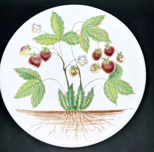 Hand Painted Strawberries Tile Trivet Italian Art Pottery Red & Green Leaves 8”
