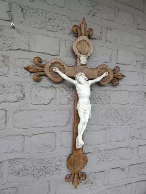 Antique french wood carved crucifix ceramic corpus fleur de lys religious rare