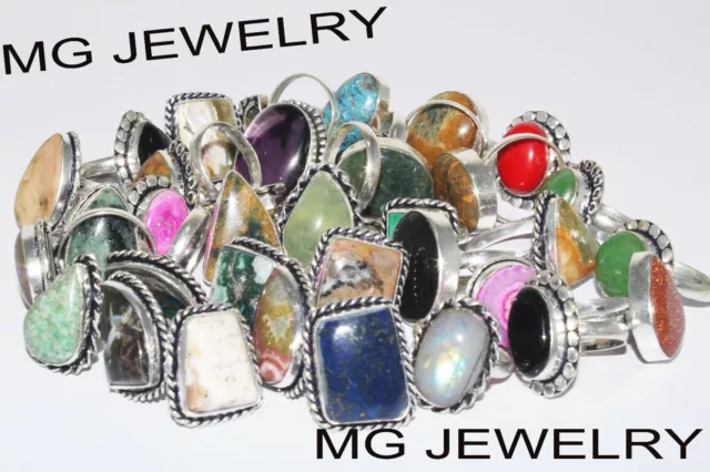 Bulk Sale ! 20 Pcs Mix Adjustable Rings Lot Gemstone 925 Sterling Silver Plated