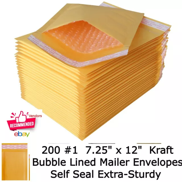 200 Size #1 Kraft Bubble Mailers Shipping Mailing Padded Bags Envelopes SelfSeal