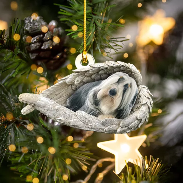 Bearded Collie Dog Sleeping Angel Car Ornament, Beardie Dog Angel Wings Ornament