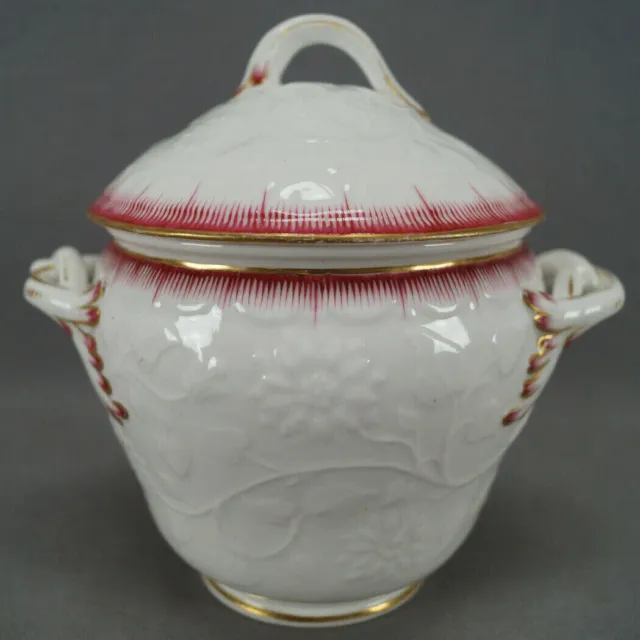 Minton Floral Embossed Pink & Gold Shell Edge Entwined Handle Sugar Bowl C.1846