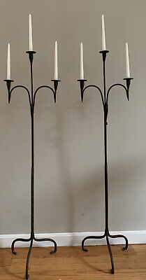 Antique Pair Primitive Wrought Iron Floor Candle Stand Hand Forged Candelabras