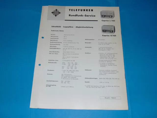 TELEFUNKEN - Caprice L 1151 K 1151 Radio Schaltbild Lagepläne Service Anleitung