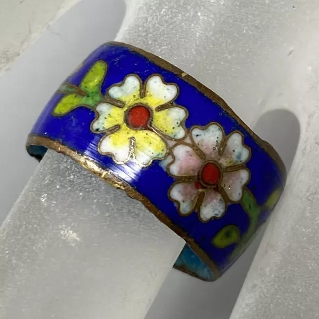 VTG Cloisonne Ring Colbalt Blue Enamel Flowers Butterfly 10.7mm Chinese Export 7