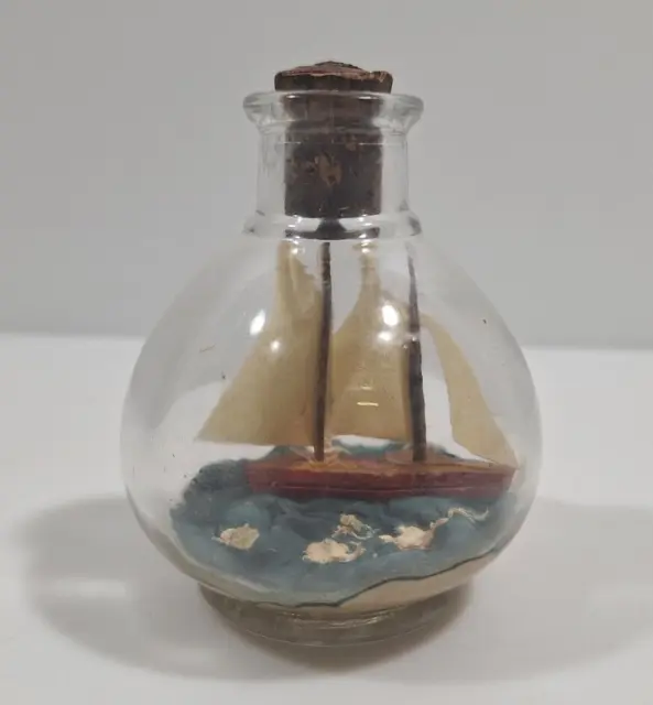 Vintage Ship in a Bottle Handmade 2.5" Miniature Sail Boat on Sea Round Fishbowl