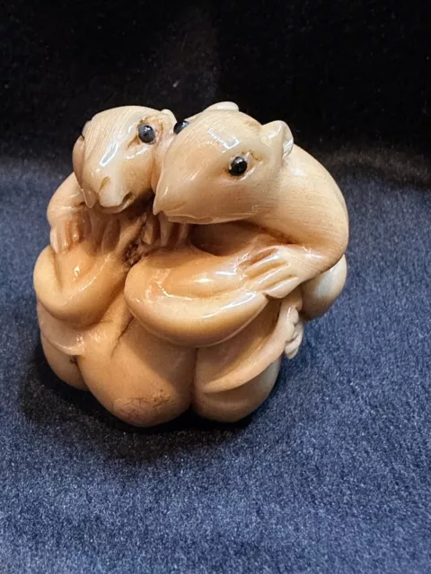 Netsuke Mice On Squash - Japanese Carved Tagua Nut - Signed