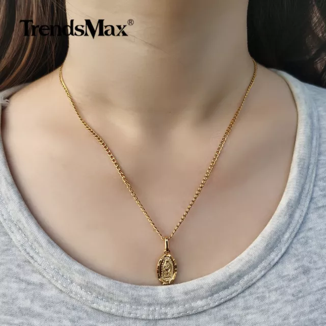 18-20" Gold Plated Stainless Steel Virgin Mary Pendant Charm Necklace Curb Chain