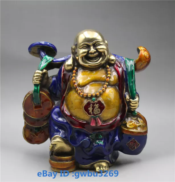 Chinese Cloisonne Brass handwork Lucky Fortune Maitreya Buddha Statue 招财进宝 21506