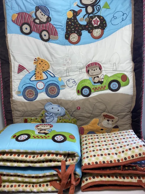 Kids Line Road Rally Crib Comforter Set Monkey Cars Excellent Condition
