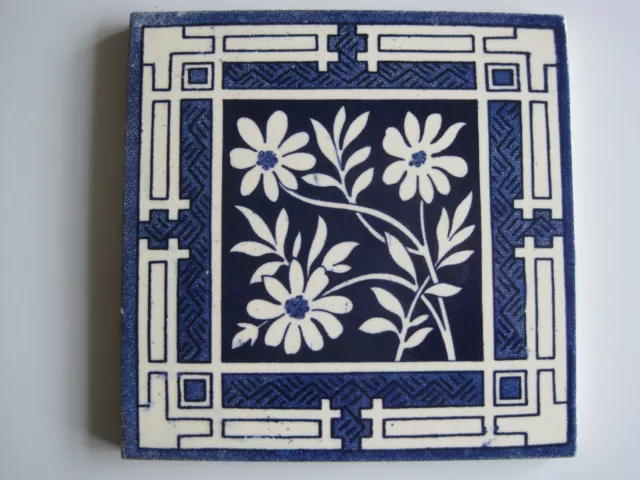Antique Victorian 6" Dark Blue On White Floral Transfer Print Wall Tile