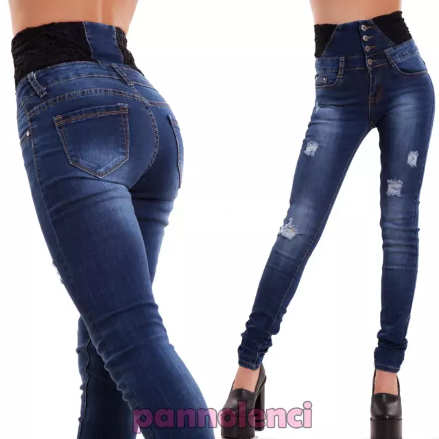 Jeans donna pantaloni skinny vita alta elasticizzati pizzo strappi nuovi W0774