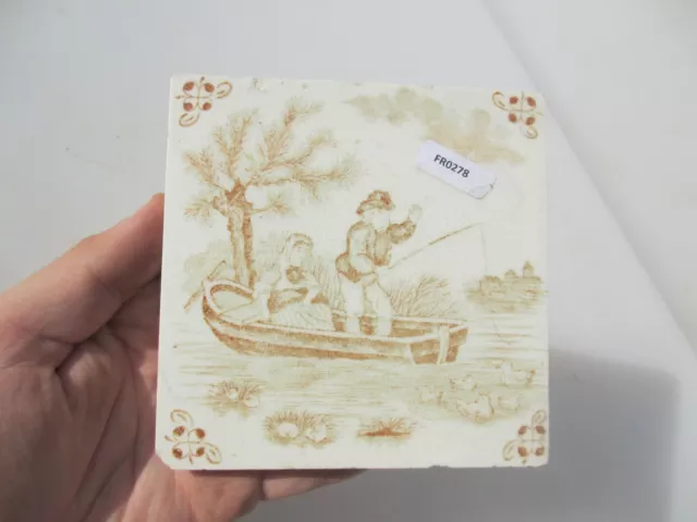 Antique Ceramic Tile Vintage French Village Boats River Cottage Nature Fishing