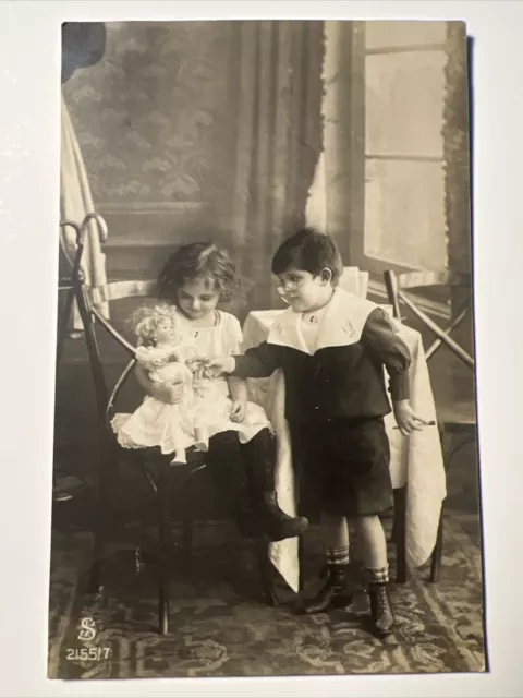 1910s Fancy French Children RPPC Real Photo Postcard France Penmanship DOLL