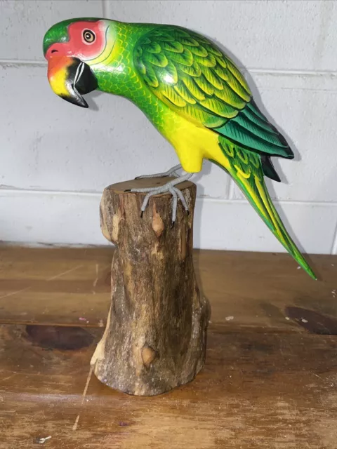 Parrot On Driftwood Base  Hand Carved Wood Tropical Sculpture Bird Decor Tiki