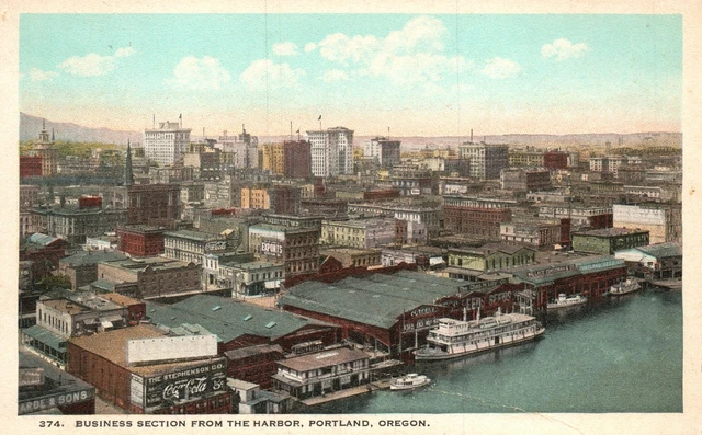 Vintage Postcard 1920's Business Section Buildings From Harbor Portland Oregon