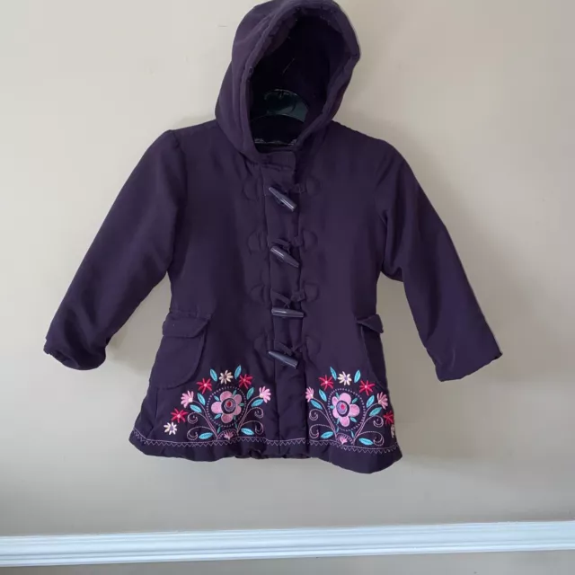 Girls Plum Coloured Padded Hooded Coat Embroidered Age 4 Yrs By Debenhams