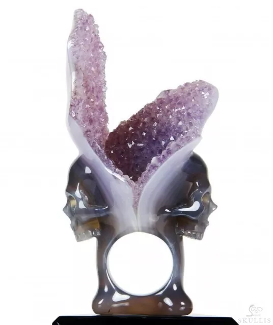 Two of a Mind - Size 10 1/2, Agate Amethyst Druse Carved Skulls Ring with Black