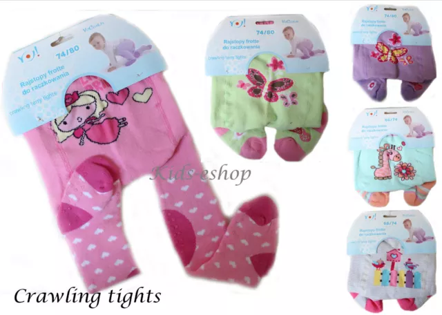 Baby Girls Crawling Terry Tights Rubberised Knees Anti Slip ABS Sole 6-12-24M 2