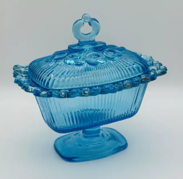 Vtg Indiana Glass Open Lace Edge Pedestal Covered Candy Dish Horizon Blue 1950s