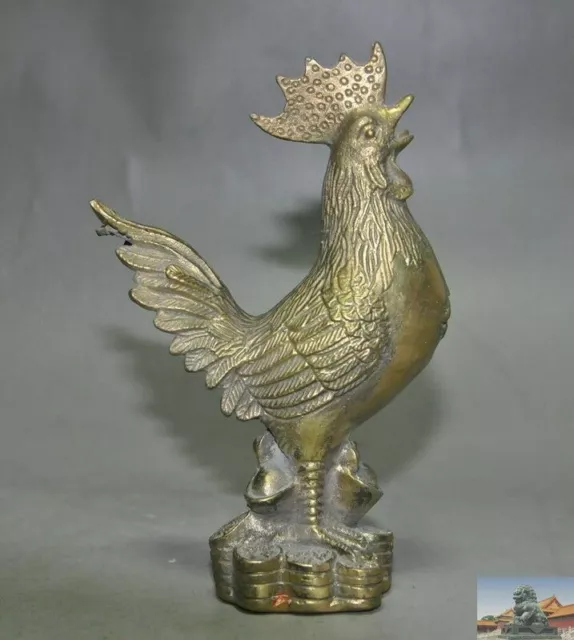 5"  Chinese Brass Fengshui yuanbao Money Coins Wealth Lucky Rooster Cock Statue