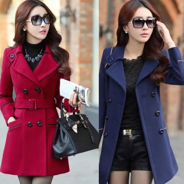 Women's Double-Breasted Wool Trench Coat Slim Long Jacket Warm Overcoat Outwear