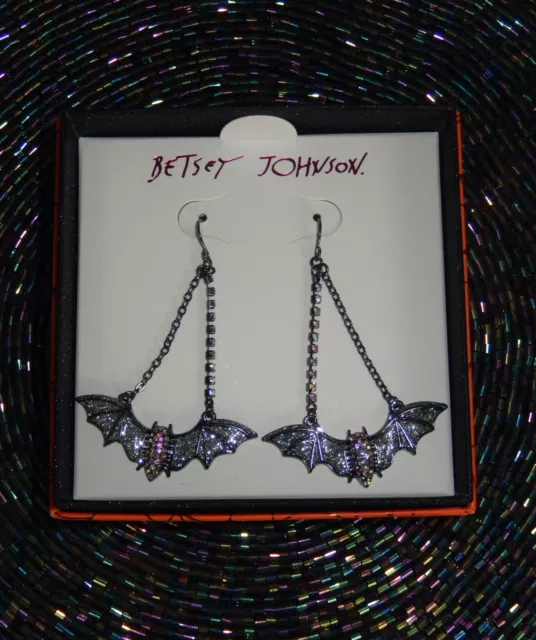 Authentic Betsey Johnson Crystal Bling Goth Bat Glitter Dangly Earrings Nwt