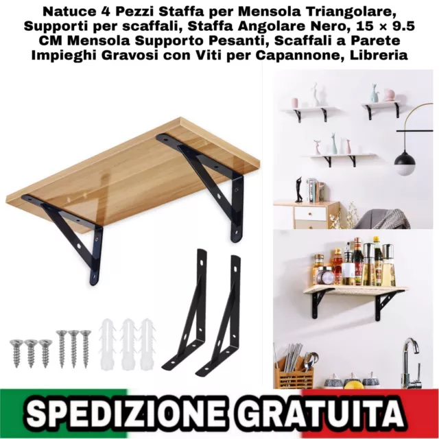 4pz Staffe x Mensola Triangolare, Supporti per scaffali, Staffa Angolare Nero