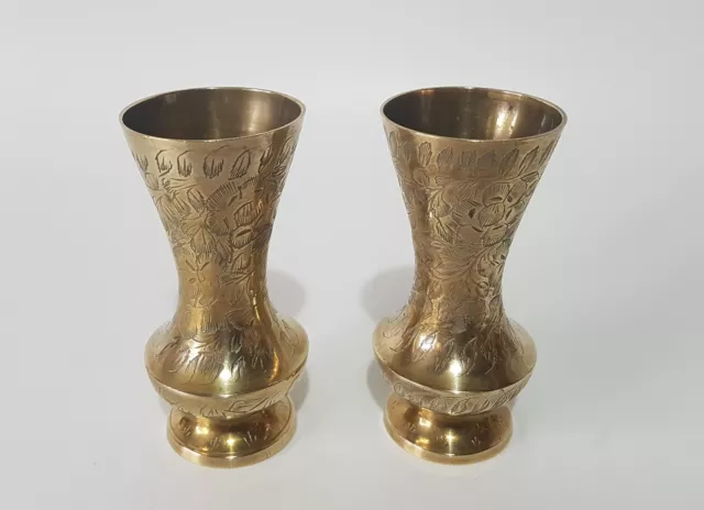 Pair of Vintage Indian Brass Engraved Posy Vases