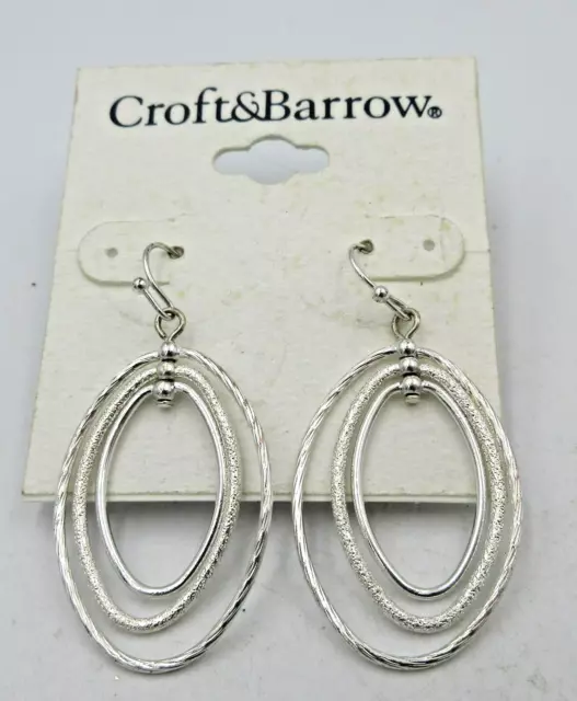 new CROFT & BARROW pierced pair big drop dangle oval hoop earrings silver tone