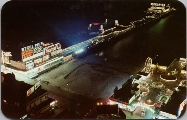 Vintage 1950s ATLANTIC CITY, New Jersey Postcard Steel Pier / Aerial Night View