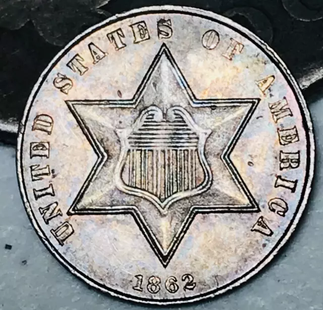 1862 Three Cent Silver Piece Trime 3c Type 3 CIVIL WAR DATE US Coin CC21514