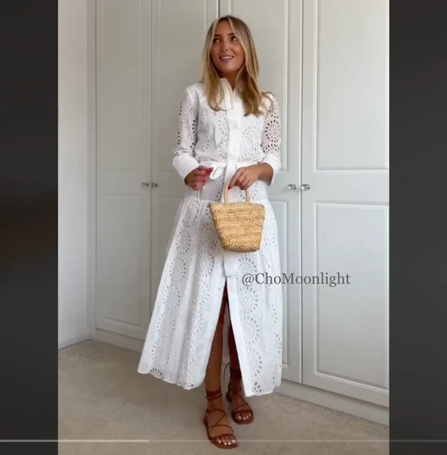 ZARA NEW WOMAN Openwork Embroidered Shirt Dress With Belt White All