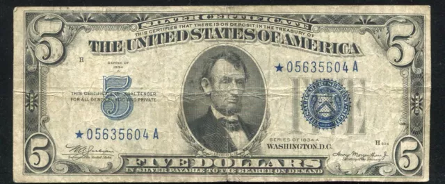 Fr. 1651* 1934-A $5 Five Dollars *Star* Blue Seal Silver Certificate