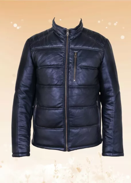 New Mens Black Genuine Leather Puffer Quilted Bomber Funnel Jacket Size S-5XL