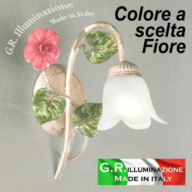 APPLIQUE IN FERRO BATTUTO 1 LUCE AVORIO ORO LAMPADA DA PARETE FIORE ROSA Sogno