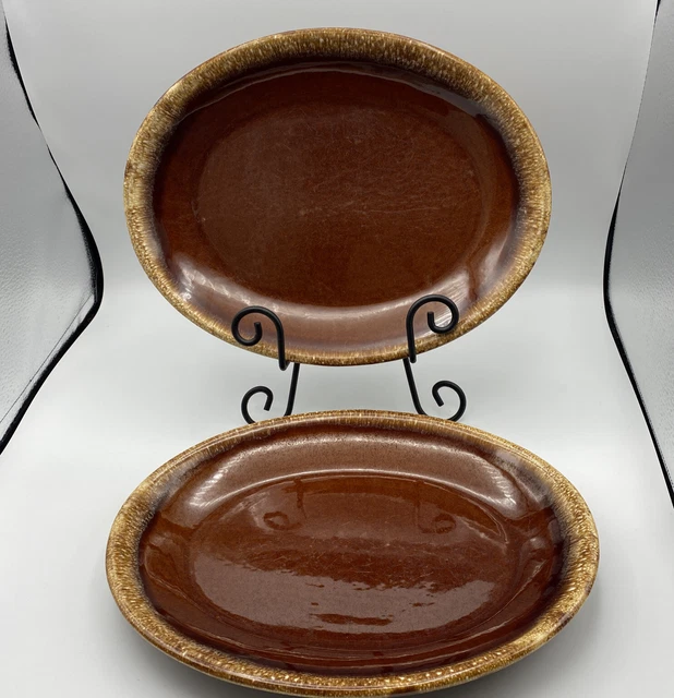 Hull 12" Oval Platter Plate Serving Dish Brown Drip Glazed Hull Pottery USA Pair